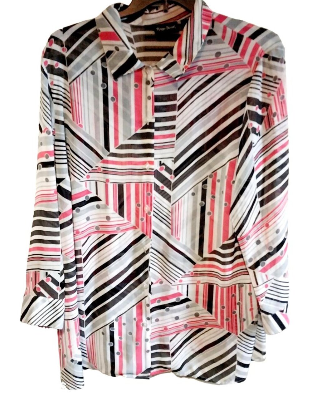 Maggie Barnes Womens 1X Blouse Geometric Striped Print Collared Button-Up Lightw